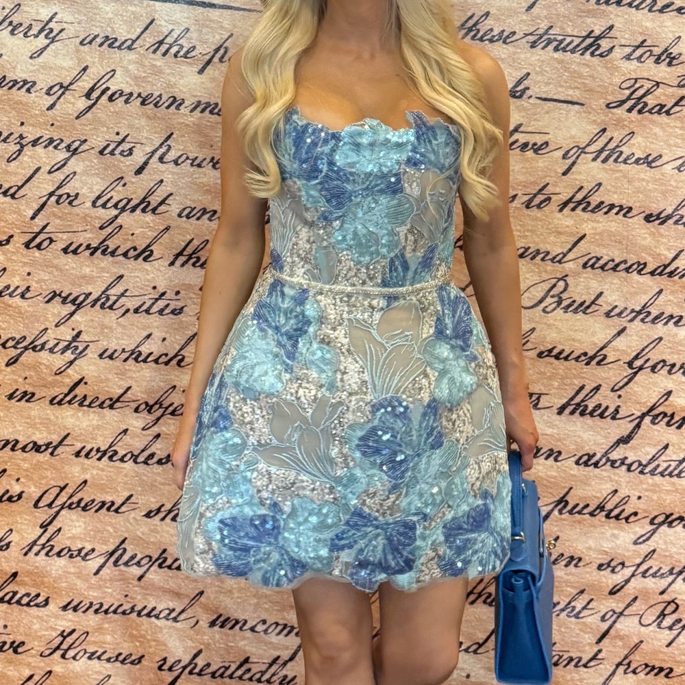 Bronx and Banco Strapless Mini Dress in Sky and Aqua Floral - Picture 3 of 3
